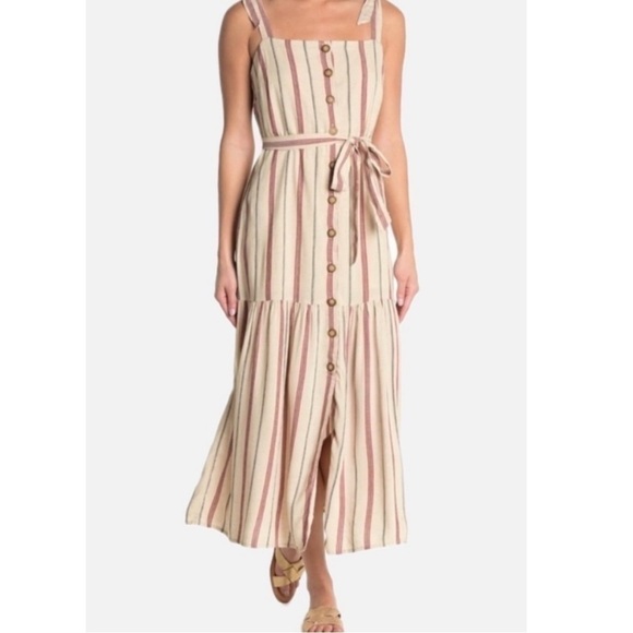 Sanctuary Tank Dress Women 4 Beige Red Striped Linen Blend‎ Coastal Belted Midi - Picture 1 of 16